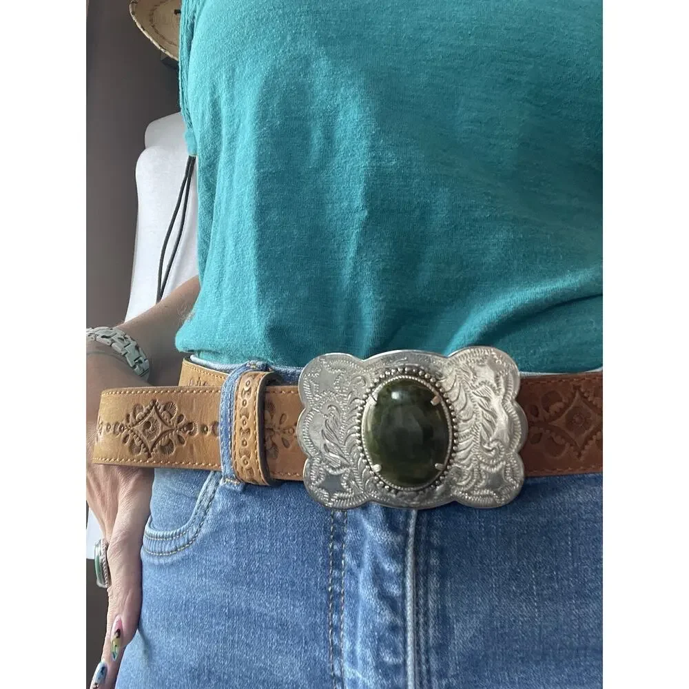 Vintage Western Belt Buckle Green Cabochon Nickel Silver Southwestern Cowboy